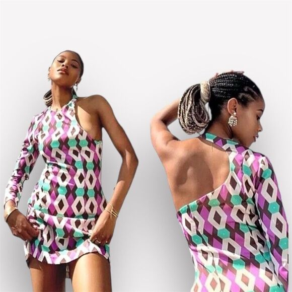 ZARA Shift Dress NEW One Sleeve Small Purple Teal Party - Picture 5 of 12